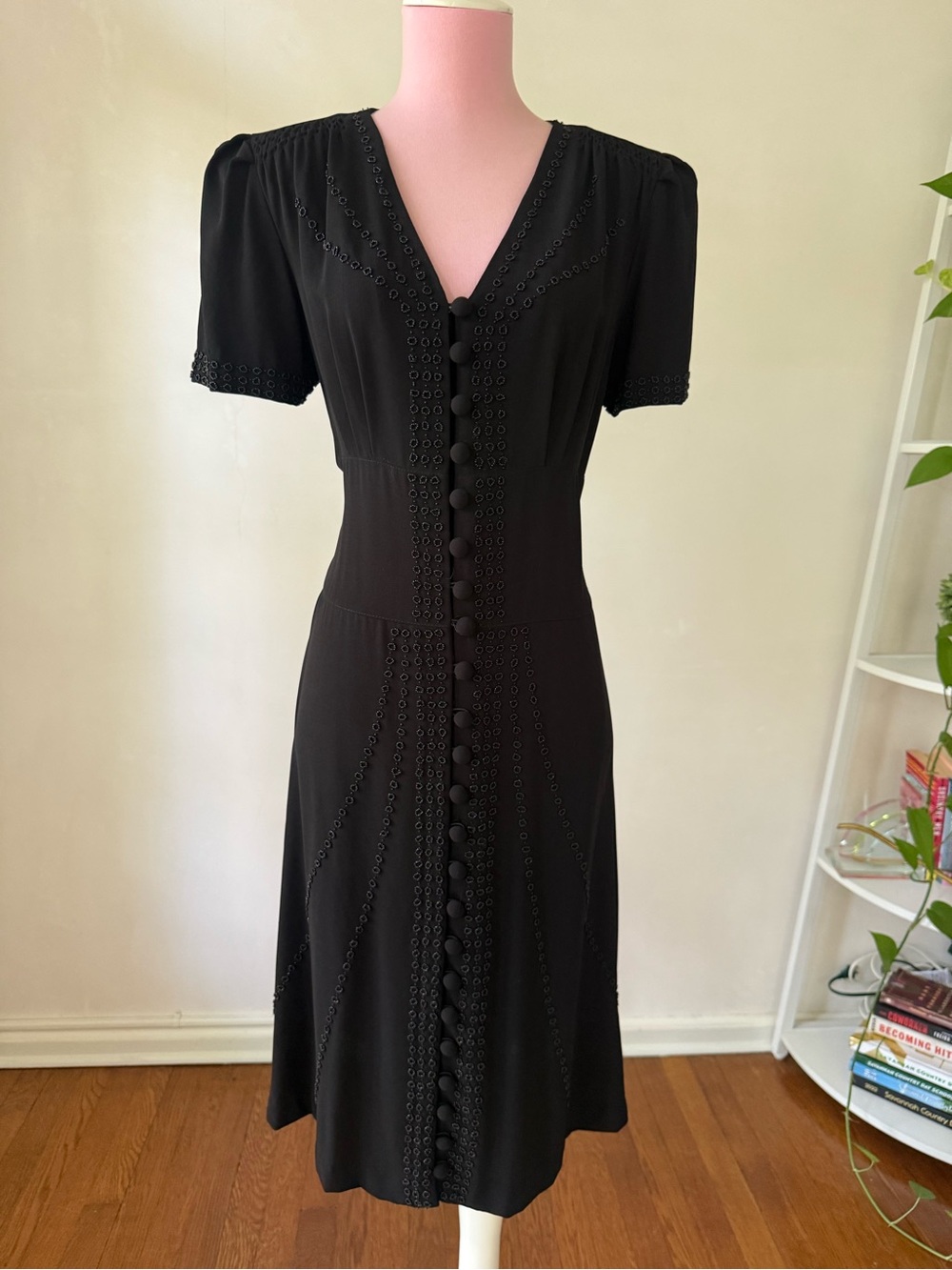 Pearl Lowe Beaded Black Button-Front Midi Dress